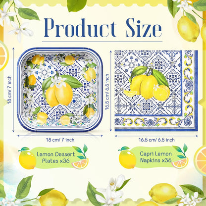 72 Pcs Amalfi Coast Party Decorations, Capri Lemon Plates and Napkins Set Serve 36, 7 Square Capri Dessert Plates and Summer Fruit Napkins Disposable Dinnerware Birthday Baby Shower Decoration