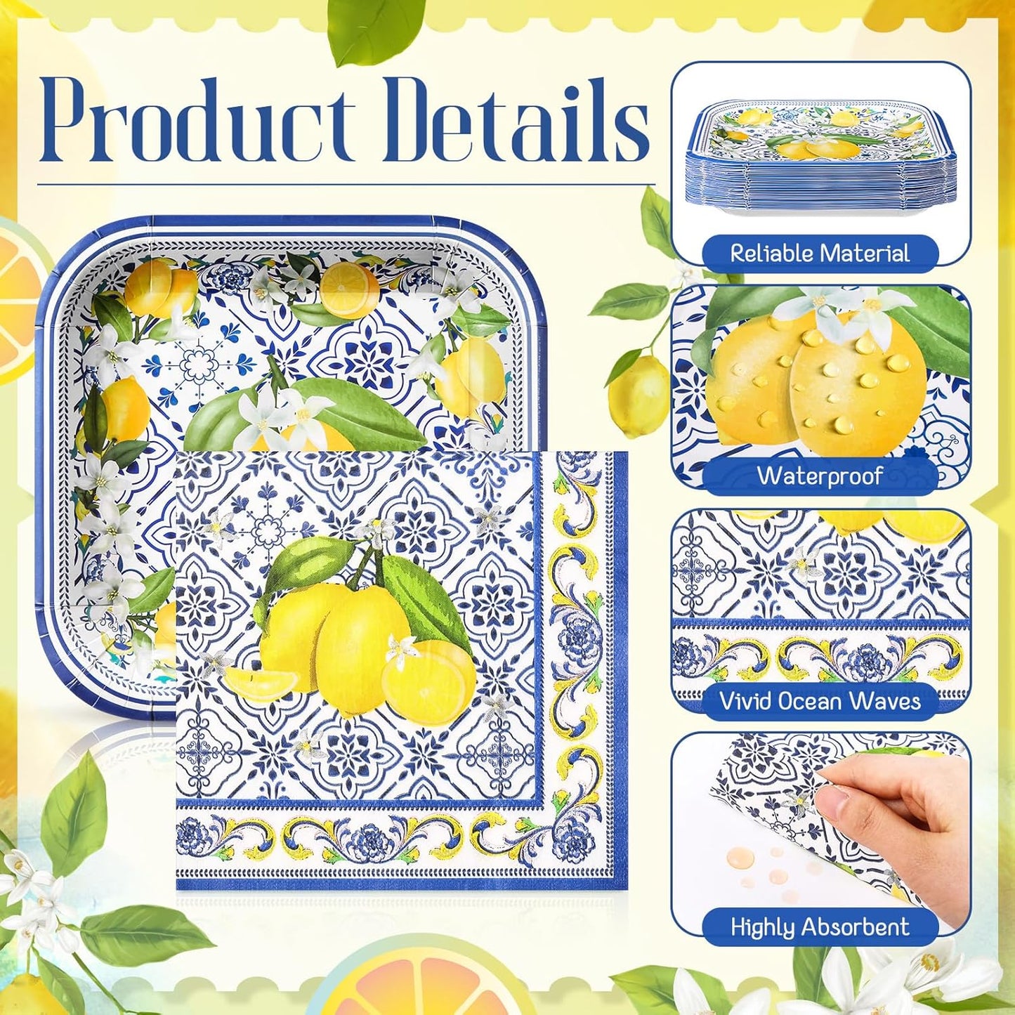 72 Pcs Amalfi Coast Party Decorations, Capri Lemon Plates and Napkins Set Serve 36, 7 Square Capri Dessert Plates and Summer Fruit Napkins Disposable Dinnerware Birthday Baby Shower Decoration