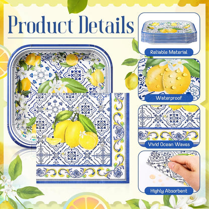 72 Pcs Amalfi Coast Party Decorations, Capri Lemon Plates and Napkins Set Serve 36, 7 Square Capri Dessert Plates and Summer Fruit Napkins Disposable Dinnerware Birthday Baby Shower Decoration
