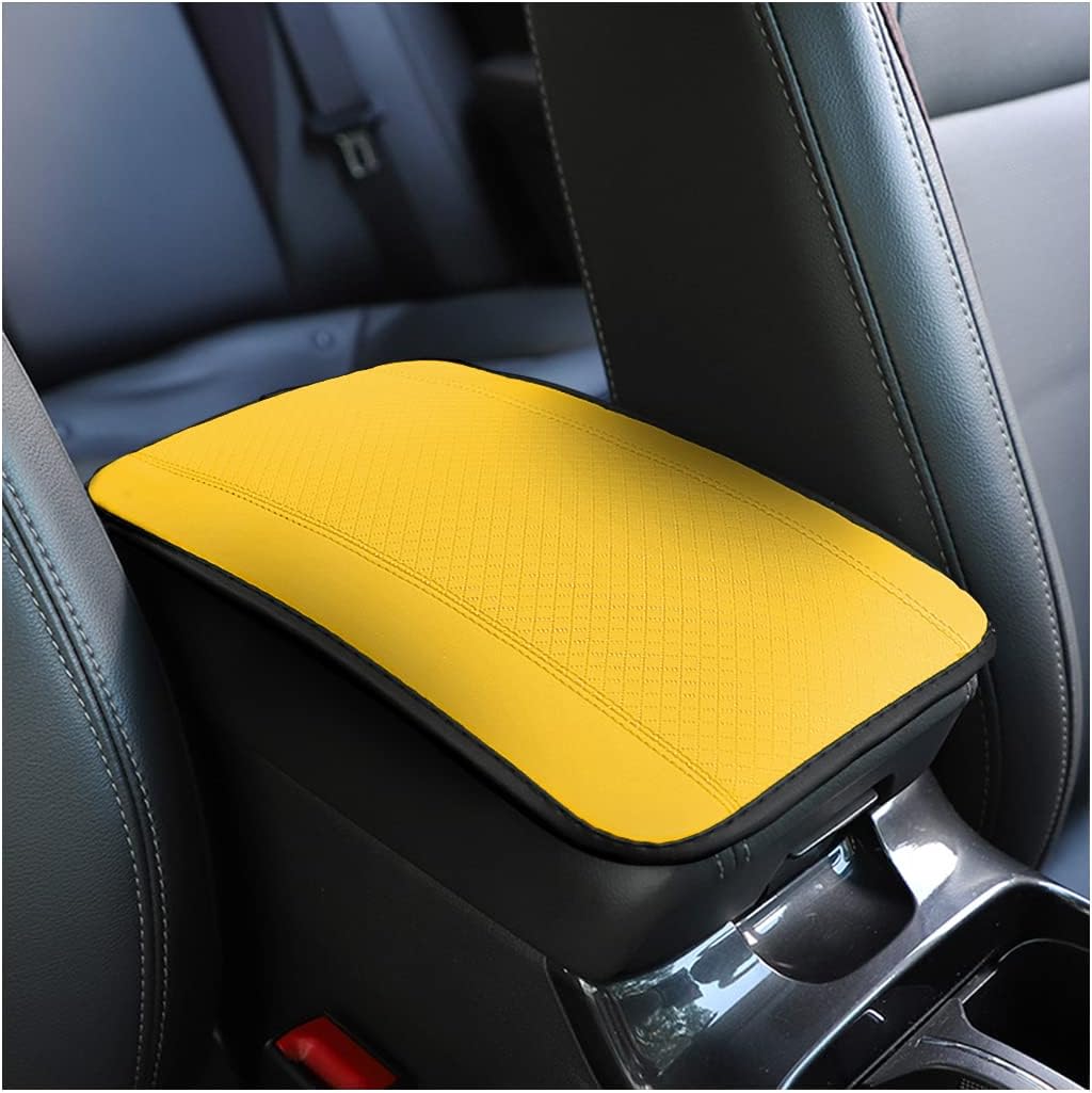 Car Center Console Pad, Yellow | leather surface, armrest seat-box coverage, fits most cars, SUVs, and trucks, car interior accessories