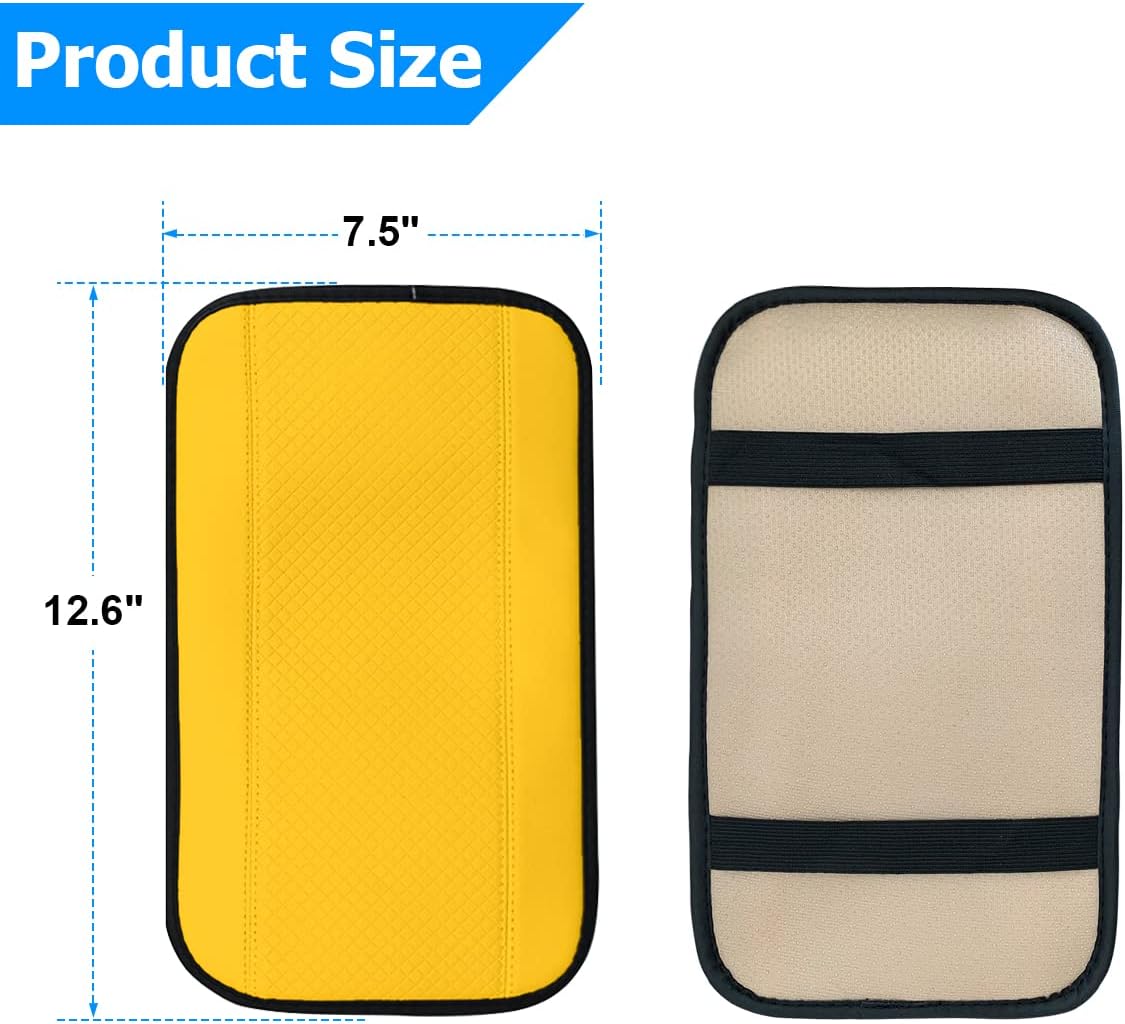 Car Center Console Pad, Yellow | leather surface, armrest seat-box coverage, fits most cars, SUVs, and trucks, car interior accessories