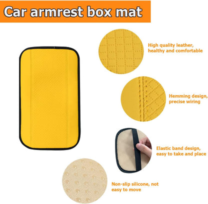 Car Center Console Pad, Yellow | leather surface, armrest seat-box coverage, fits most cars, SUVs, and trucks, car interior accessories