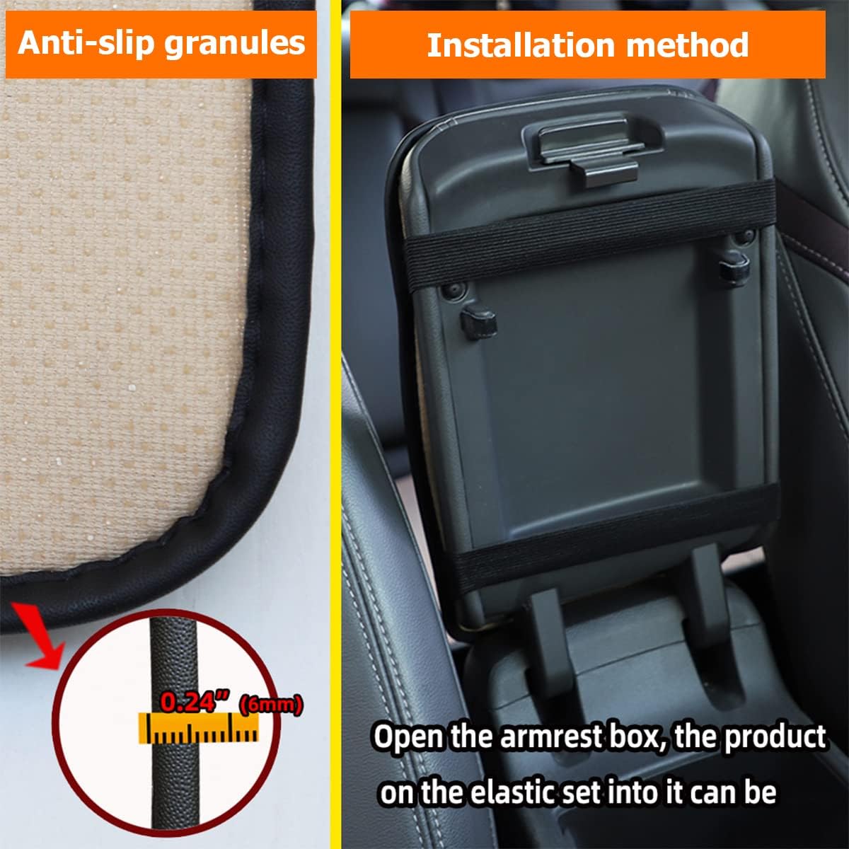 Car Center Console Pad, Yellow | leather surface, armrest seat-box coverage, fits most cars, SUVs, and trucks, car interior accessories