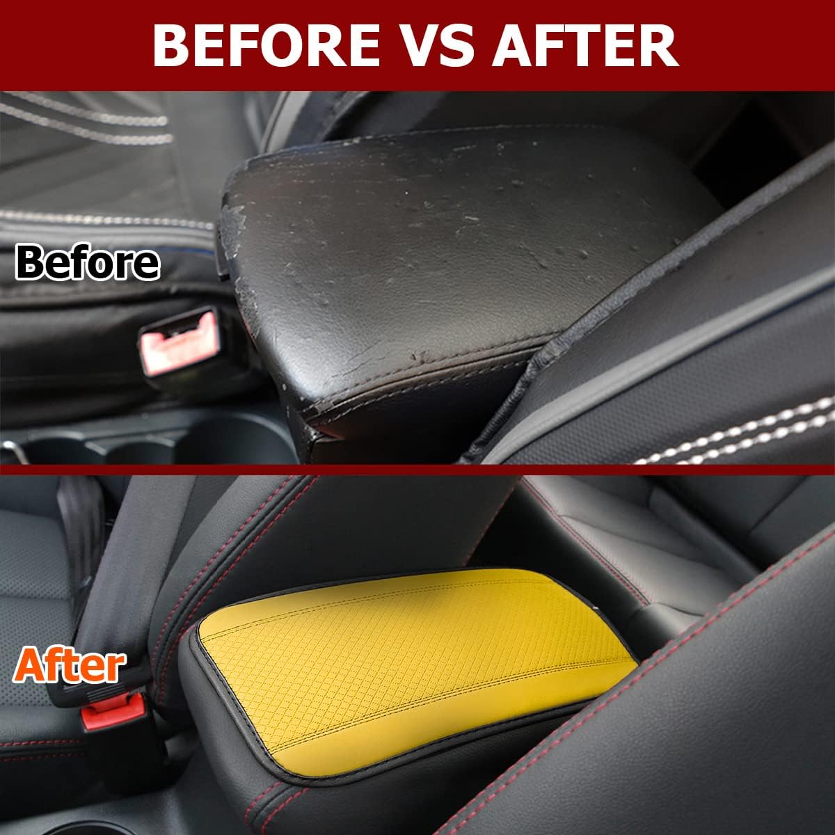 Car Center Console Pad, Yellow | leather surface, armrest seat-box coverage, fits most cars, SUVs, and trucks, car interior accessories