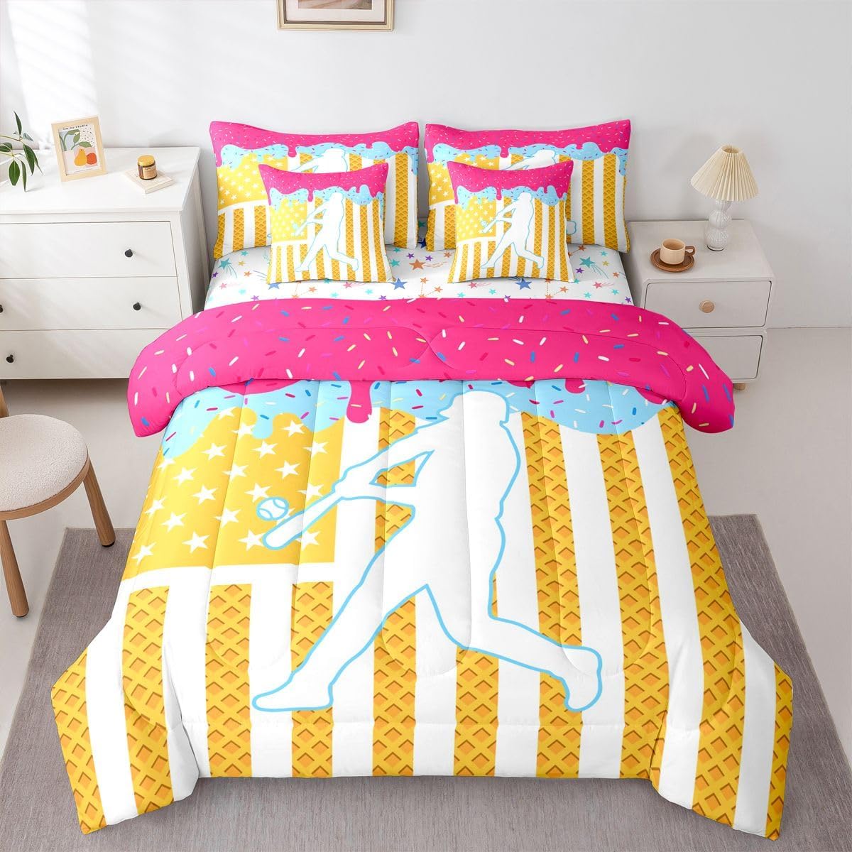 Baseball Comforter Set Full Size 7 Pieces Sports Game Bedding Set Ice Cream Bed in a Bag with Comforter, Sheets, Pillowcases, Cushion Covers Bedroom Decor Breathable Soft Lightweight