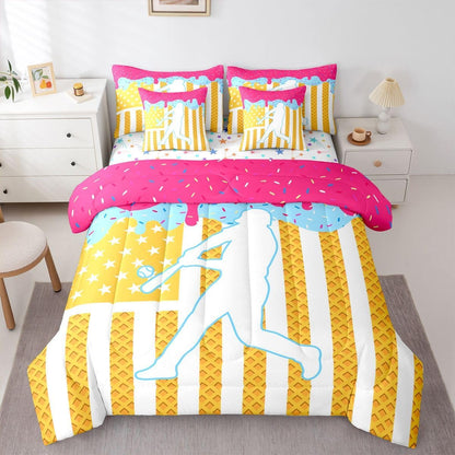 Baseball Comforter Set Full Size 7 Pieces Sports Game Bedding Set Ice Cream Bed in a Bag with Comforter, Sheets, Pillowcases, Cushion Covers Bedroom Decor Breathable Soft Lightweight