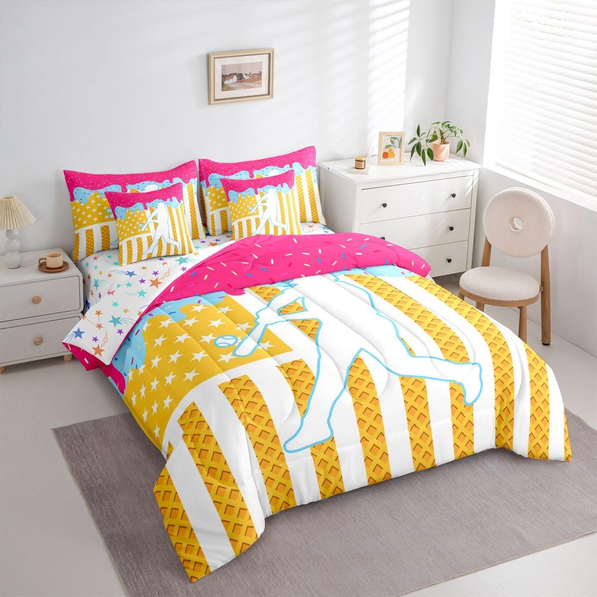 Baseball Comforter Set Full Size 7 Pieces Sports Game Bedding Set Ice Cream Bed in a Bag with Comforter, Sheets, Pillowcases, Cushion Covers Bedroom Decor Breathable Soft Lightweight