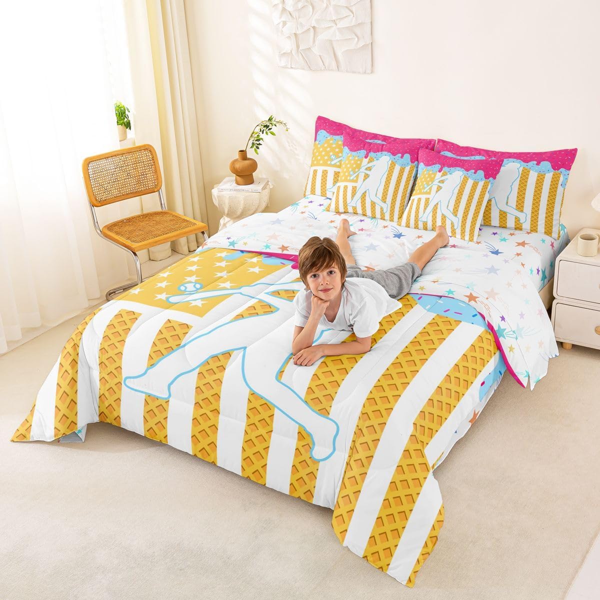 Baseball Comforter Set Full Size 7 Pieces Sports Game Bedding Set Ice Cream Bed in a Bag with Comforter, Sheets, Pillowcases, Cushion Covers Bedroom Decor Breathable Soft Lightweight