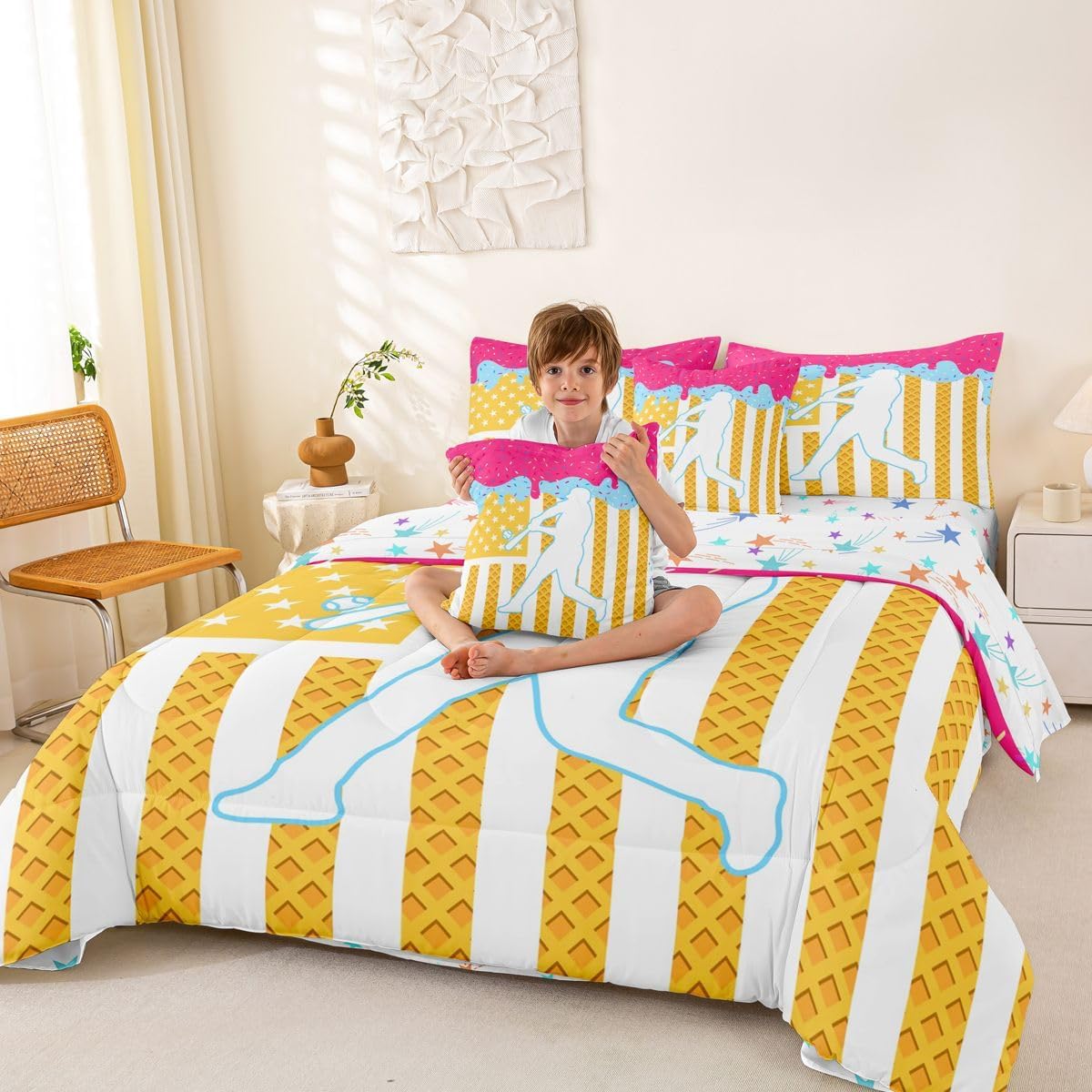Baseball Comforter Set Full Size 7 Pieces Sports Game Bedding Set Ice Cream Bed in a Bag with Comforter, Sheets, Pillowcases, Cushion Covers Bedroom Decor Breathable Soft Lightweight