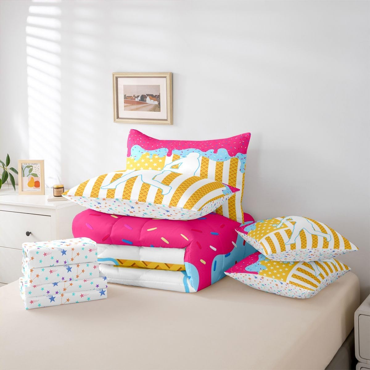 Baseball Comforter Set Full Size 7 Pieces Sports Game Bedding Set Ice Cream Bed in a Bag with Comforter, Sheets, Pillowcases, Cushion Covers Bedroom Decor Breathable Soft Lightweight