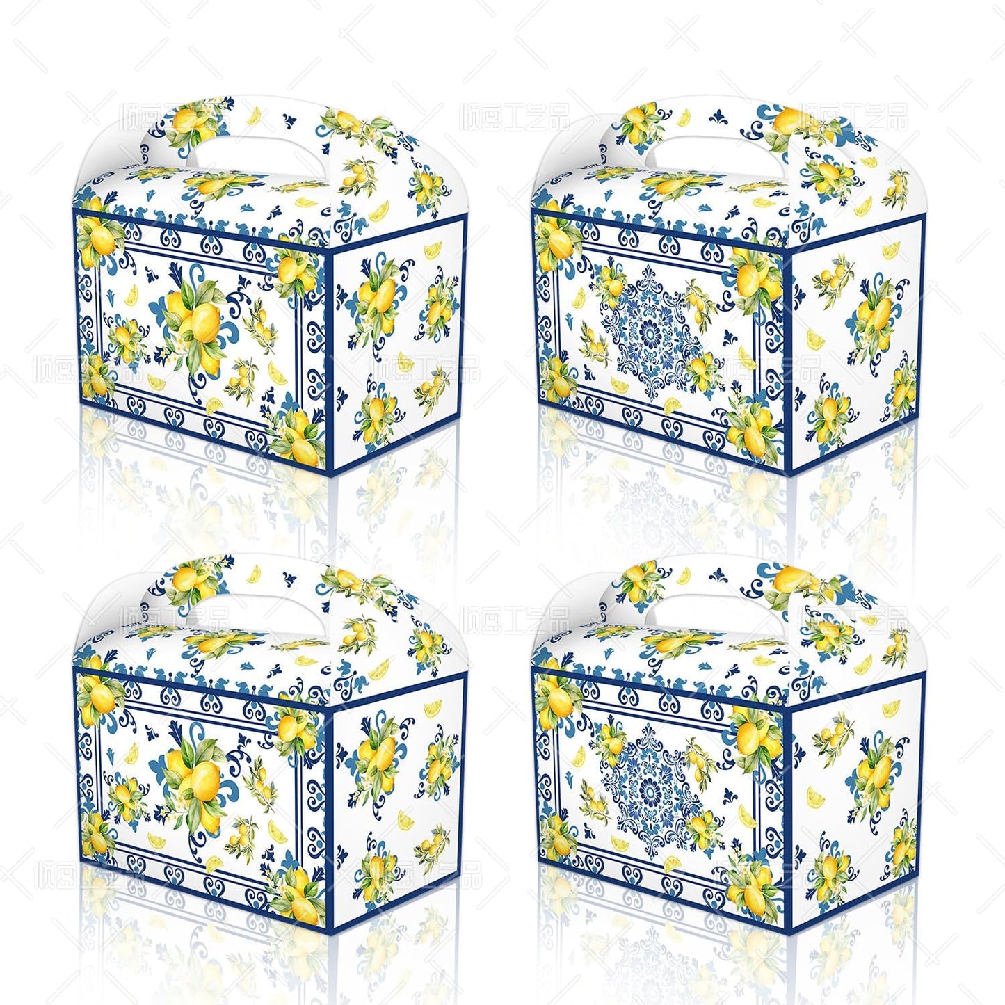 12 Packs Capri Lemon Treat Gift Boxes Blue Tiles Yellow Lemon Theme Birthday Party Gift Box Summer Citrus Fruit Candy Goodie Boxes with Handles for Capri Lemon Baby Shower Girls Supplies