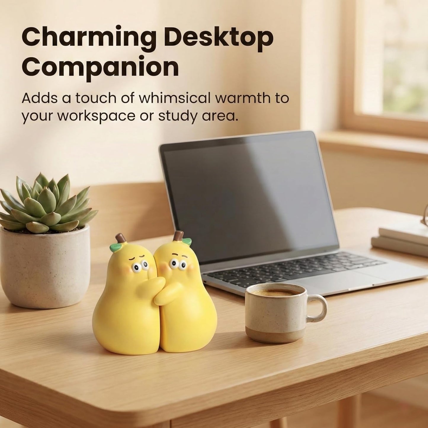 Cute Bookends - Resin Hugging Pear Statue, Unique Book Stopper for Shelves, Desk & Kids Room - Yellow