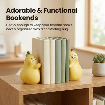Cute Bookends - Resin Hugging Pear Statue, Unique Book Stopper for Shelves, Desk & Kids Room - Yellow
