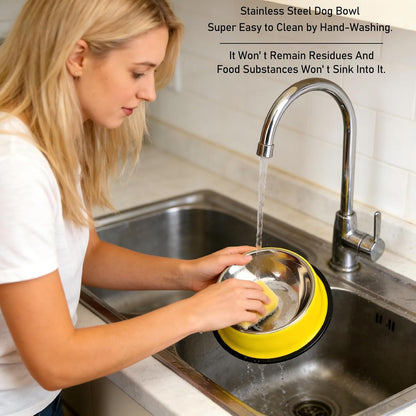 Stainless Steel Dog Bowls, Non-Skid Dog Food Bowl & Dog Water Bowl, Dishwasher Safe, Rust Resistant Metal Pet Bowls for Small/Medium/Large Sized Pets (Yellow, 26oz)