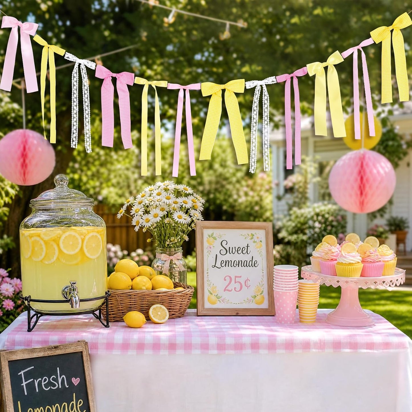 Pink Lemon Yellow Ribbon Bow Garland Pink Yellow Gingham Bow Banner | With Lace Bows, for Lemon Party Decortions, Lemonade Stand Decor, Summer Lemon Birthday, She's Freshly Graduated Party