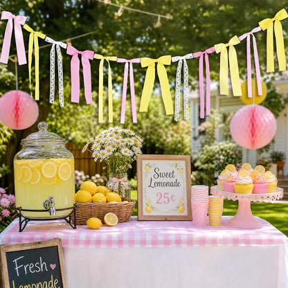 Pink Lemon Yellow Ribbon Bow Garland Pink Yellow Gingham Bow Banner | With Lace Bows, for Lemon Party Decortions, Lemonade Stand Decor, Summer Lemon Birthday, She's Freshly Graduated Party