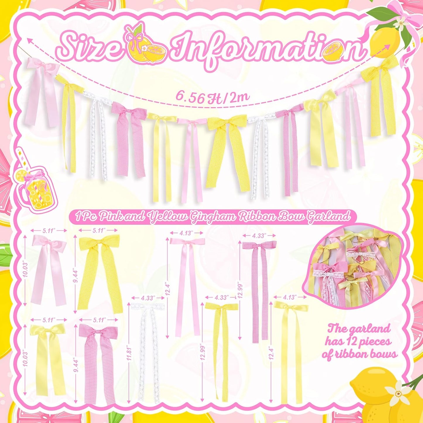 Pink Lemon Yellow Ribbon Bow Garland Pink Yellow Gingham Bow Banner | With Lace Bows, for Lemon Party Decortions, Lemonade Stand Decor, Summer Lemon Birthday, She's Freshly Graduated Party