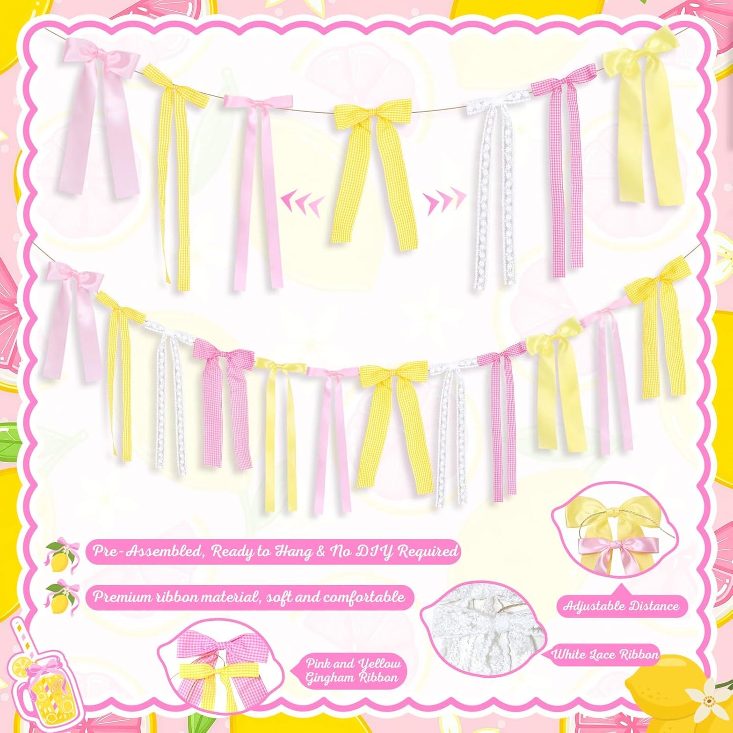 Pink Lemon Yellow Ribbon Bow Garland Pink Yellow Gingham Bow Banner | With Lace Bows, for Lemon Party Decortions, Lemonade Stand Decor, Summer Lemon Birthday, She's Freshly Graduated Party