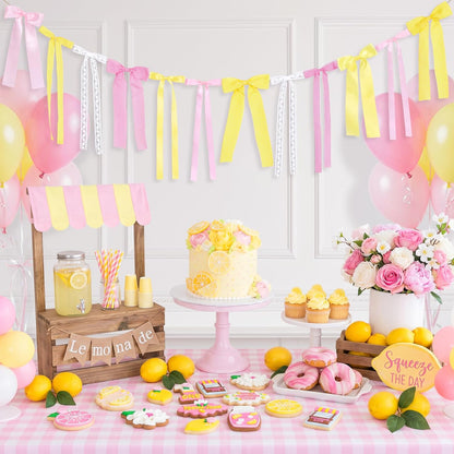 Pink Lemon Yellow Ribbon Bow Garland Pink Yellow Gingham Bow Banner | With Lace Bows, for Lemon Party Decortions, Lemonade Stand Decor, Summer Lemon Birthday, She's Freshly Graduated Party