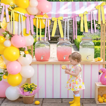 Pink Lemon Yellow Ribbon Bow Garland Pink Yellow Gingham Bow Banner | With Lace Bows, for Lemon Party Decortions, Lemonade Stand Decor, Summer Lemon Birthday, She's Freshly Graduated Party