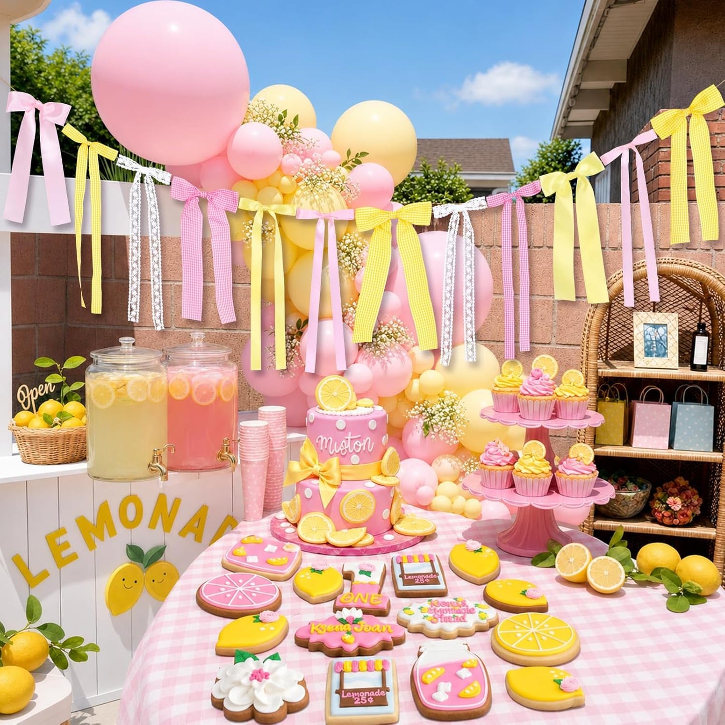 Pink Lemon Yellow Ribbon Bow Garland Pink Yellow Gingham Bow Banner | With Lace Bows, for Lemon Party Decortions, Lemonade Stand Decor, Summer Lemon Birthday, She's Freshly Graduated Party