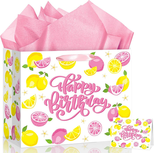 Pink Lemon Birthday Gift Bag Lemon Birthday Wrapping Paper with Greeting Card