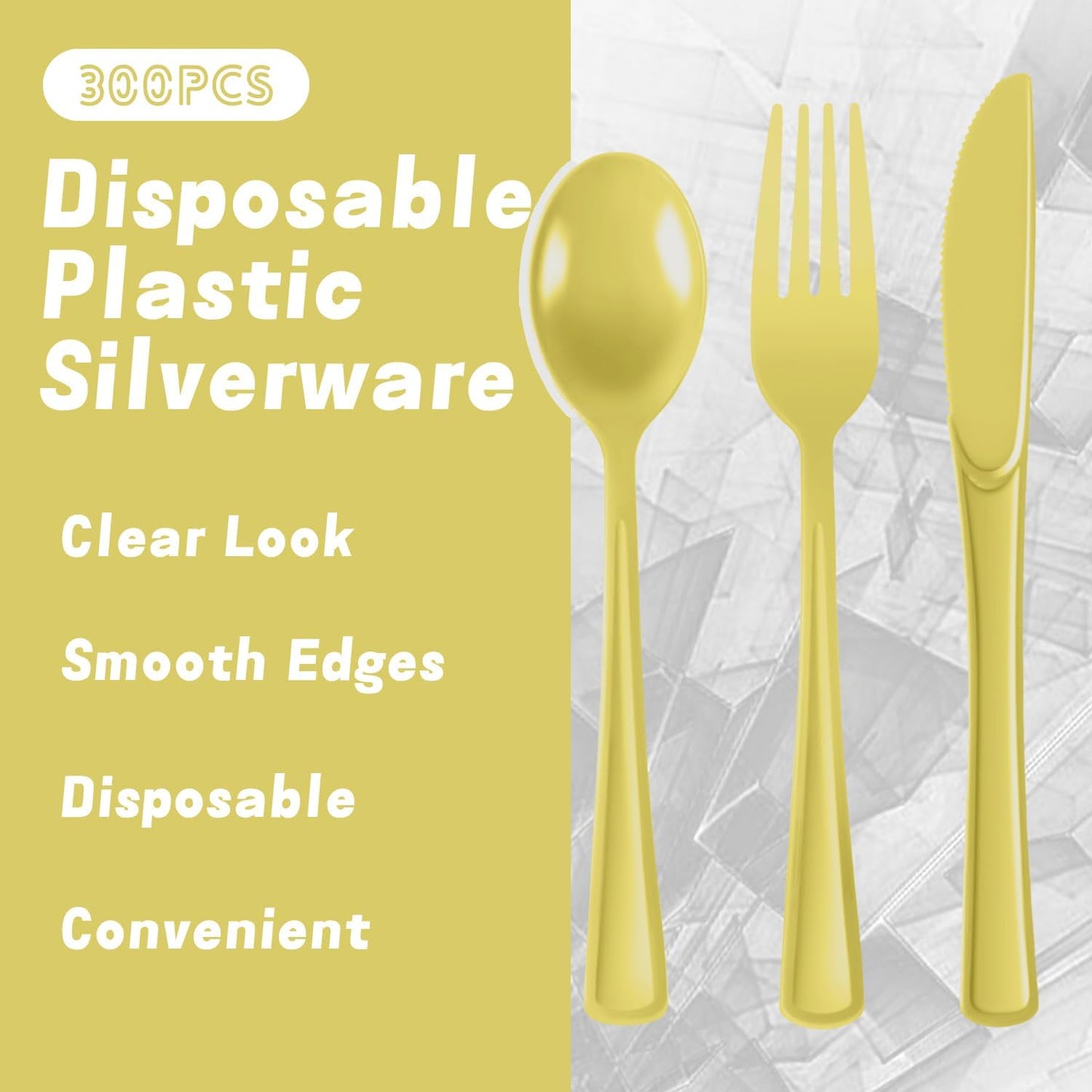 Plastic Silverware 300 PCS Disposable Silverware Heavy Duty Utensil Sets 100 Of Each Forks Knives & Spoons Disposable Cutlery Set For Easter,Birthday,Baby Shower,Garden Party,Wedding(300,Light Yellow)