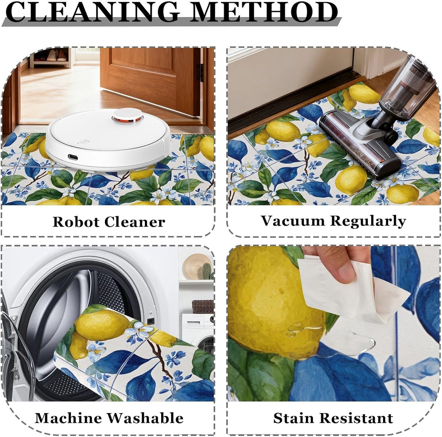 Blue Floral Tiles Lemons Kitchen Rug Non Slip Anti Fatigue Kitchen Mat Washable Front Door Mat for Entryway Patio Porch 35x83 Inch