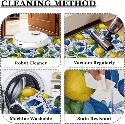 Blue Floral Tiles Lemons Kitchen Rug Non Slip Anti Fatigue Kitchen Mat Washable Front Door Mat for Entryway Patio Porch 35x83 Inch
