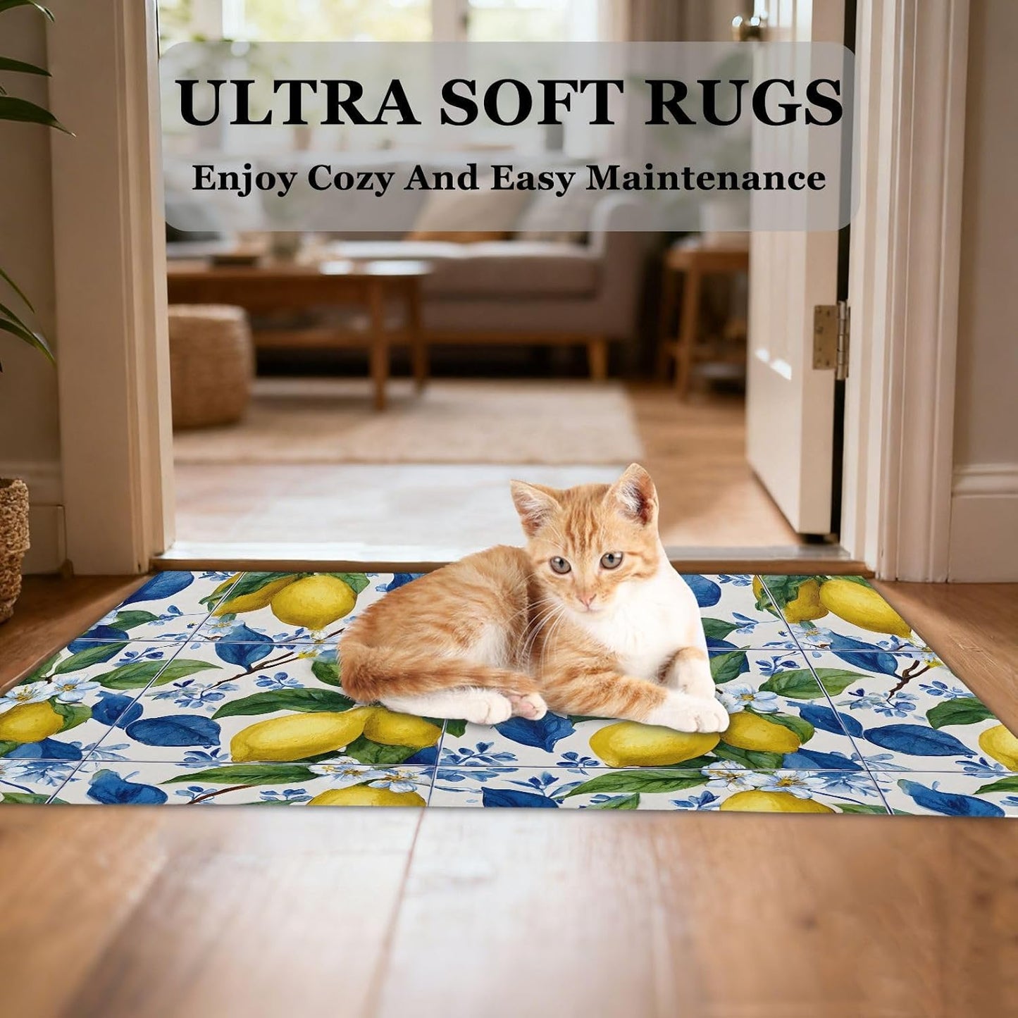 Blue Floral Tiles Lemons Kitchen Rug Non Slip Anti Fatigue Kitchen Mat Washable Front Door Mat for Entryway Patio Porch 35x83 Inch