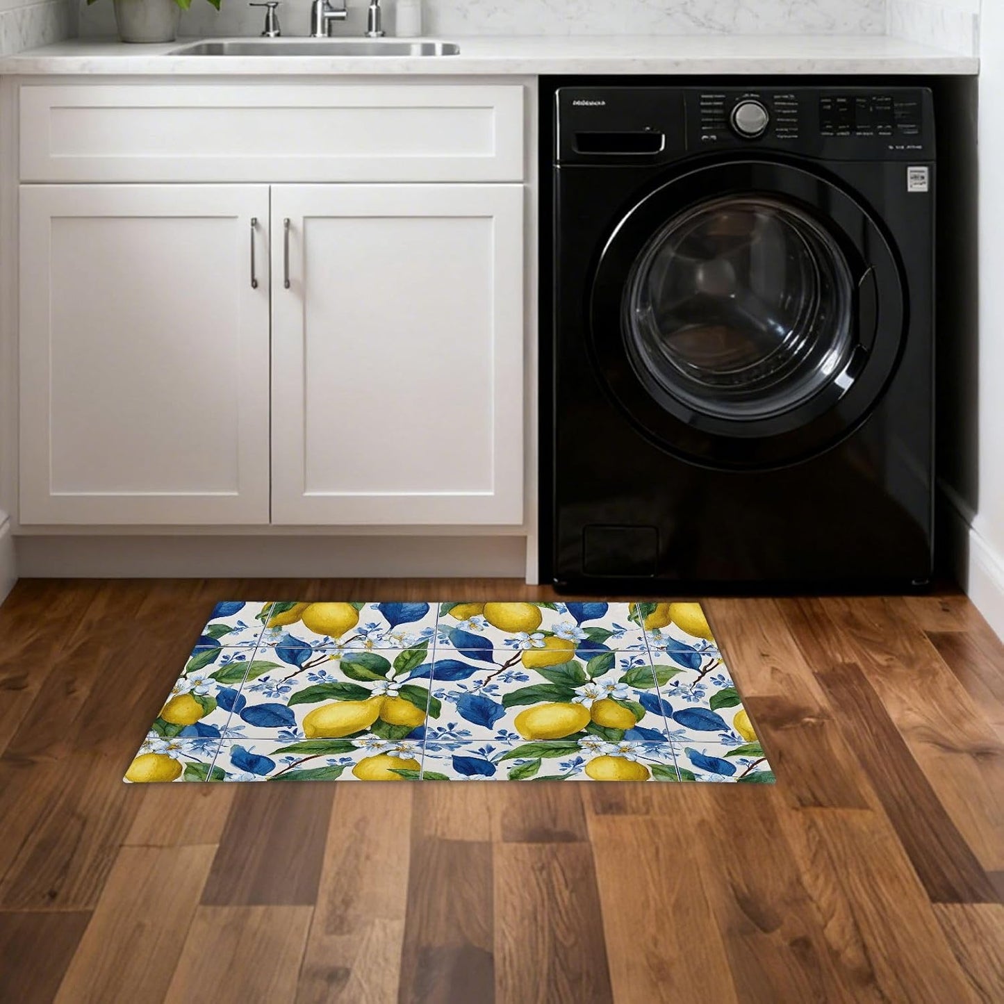 Blue Floral Tiles Lemons Kitchen Rug Non Slip Anti Fatigue Kitchen Mat Washable Front Door Mat for Entryway Patio Porch 35x83 Inch