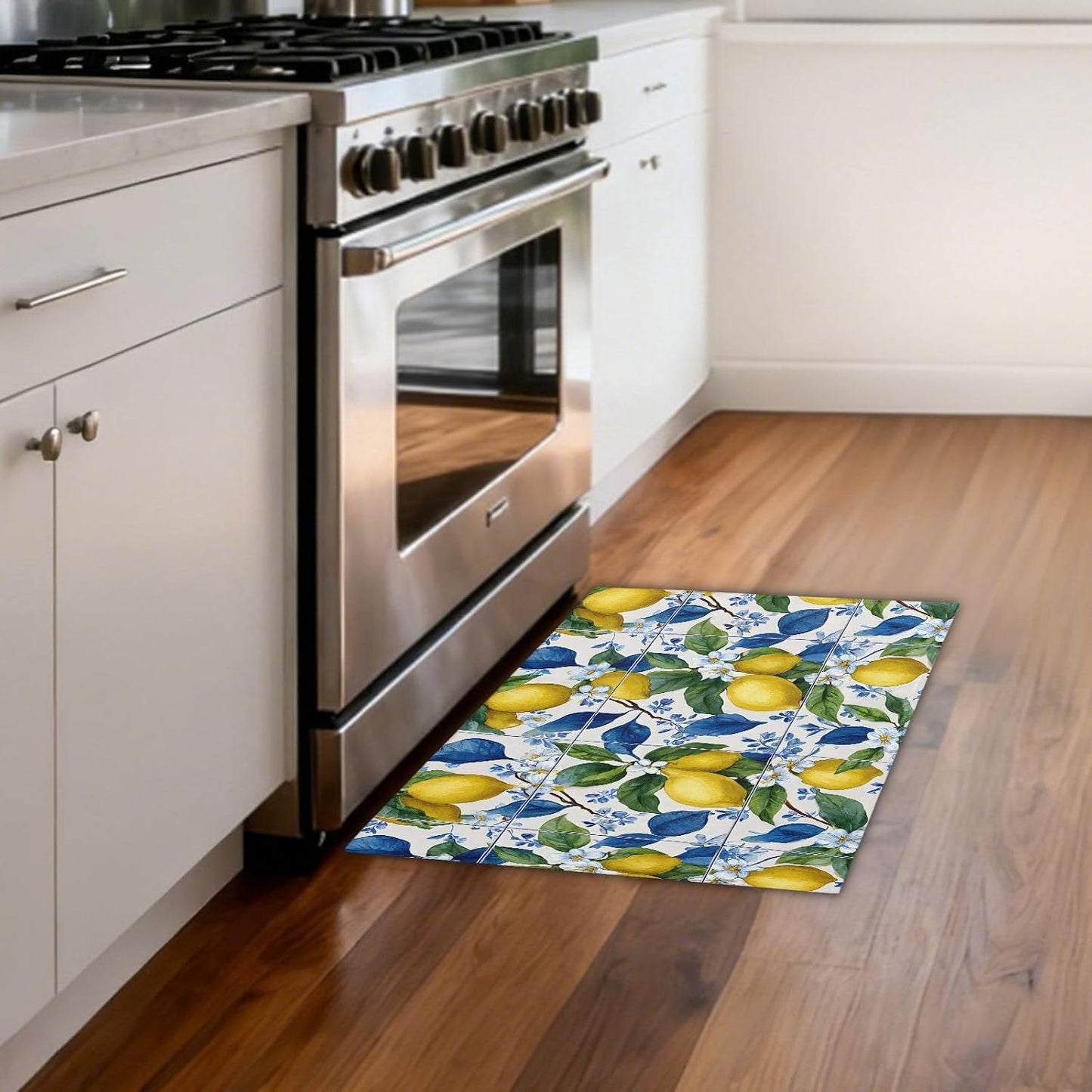 Blue Floral Tiles Lemons Kitchen Rug Non Slip Anti Fatigue Kitchen Mat Washable Front Door Mat for Entryway Patio Porch 35x83 Inch