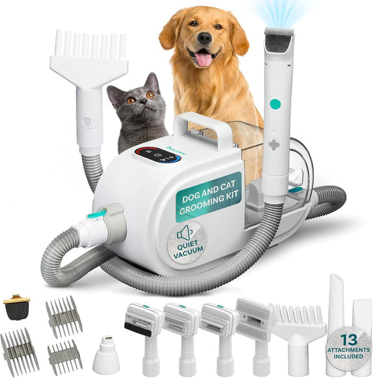 Dog Grooming Kit – Pet Clippers, Nail Grinder & Blow Dryer with Quiet 3-Speed Suction, 3 Heat Settings, 2.6L Dog Hair Vacuum Dust Bin, HEPA System, Self-Cleaning Brushes