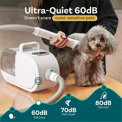 Dog Grooming Kit – Pet Clippers, Nail Grinder & Blow Dryer with Quiet 3-Speed Suction, 3 Heat Settings, 2.6L Dog Hair Vacuum Dust Bin, HEPA System, Self-Cleaning Brushes