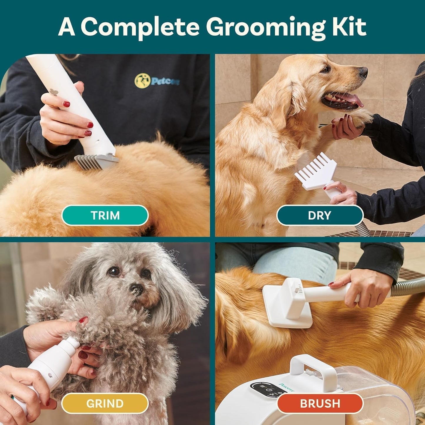 Dog Grooming Kit – Pet Clippers, Nail Grinder & Blow Dryer with Quiet 3-Speed Suction, 3 Heat Settings, 2.6L Dog Hair Vacuum Dust Bin, HEPA System, Self-Cleaning Brushes