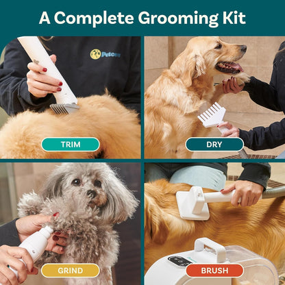 Dog Grooming Kit – Pet Clippers, Nail Grinder & Blow Dryer with Quiet 3-Speed Suction, 3 Heat Settings, 2.6L Dog Hair Vacuum Dust Bin, HEPA System, Self-Cleaning Brushes