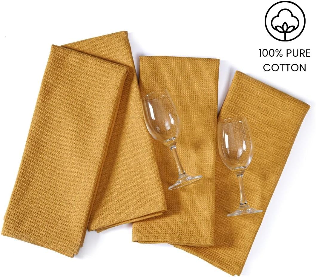 Waffle Kitchen Towels 100% Cotton Set of 4-320 GSM Quality - Soft Absorbent Durable Washable Dish Cleaning Towel for Kitchen & Home - Quick Drying Dish Towel 16x26 inch Mustard Yellow