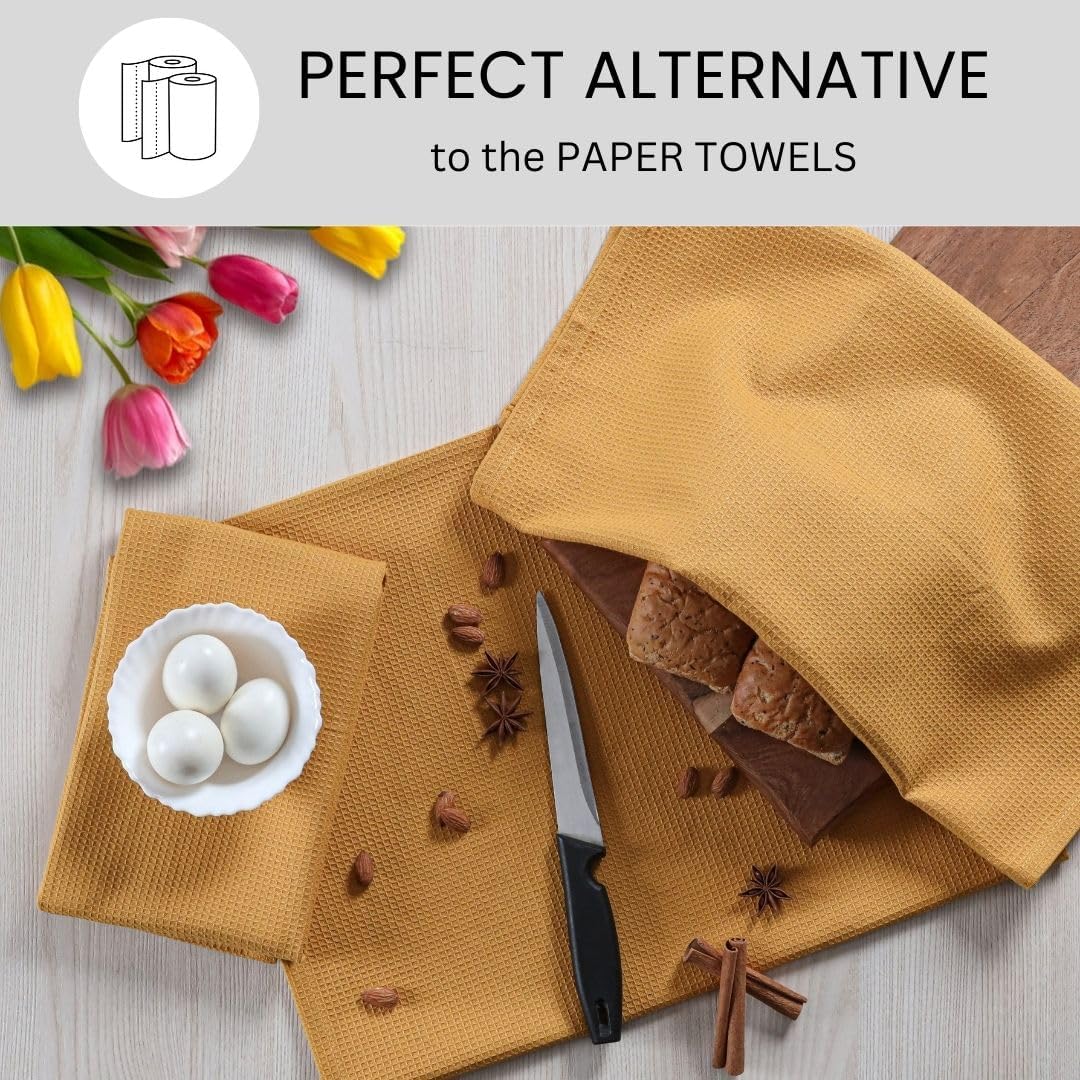Waffle Kitchen Towels 100% Cotton Set of 4-320 GSM Quality - Soft Absorbent Durable Washable Dish Cleaning Towel for Kitchen & Home - Quick Drying Dish Towel 16x26 inch Mustard Yellow