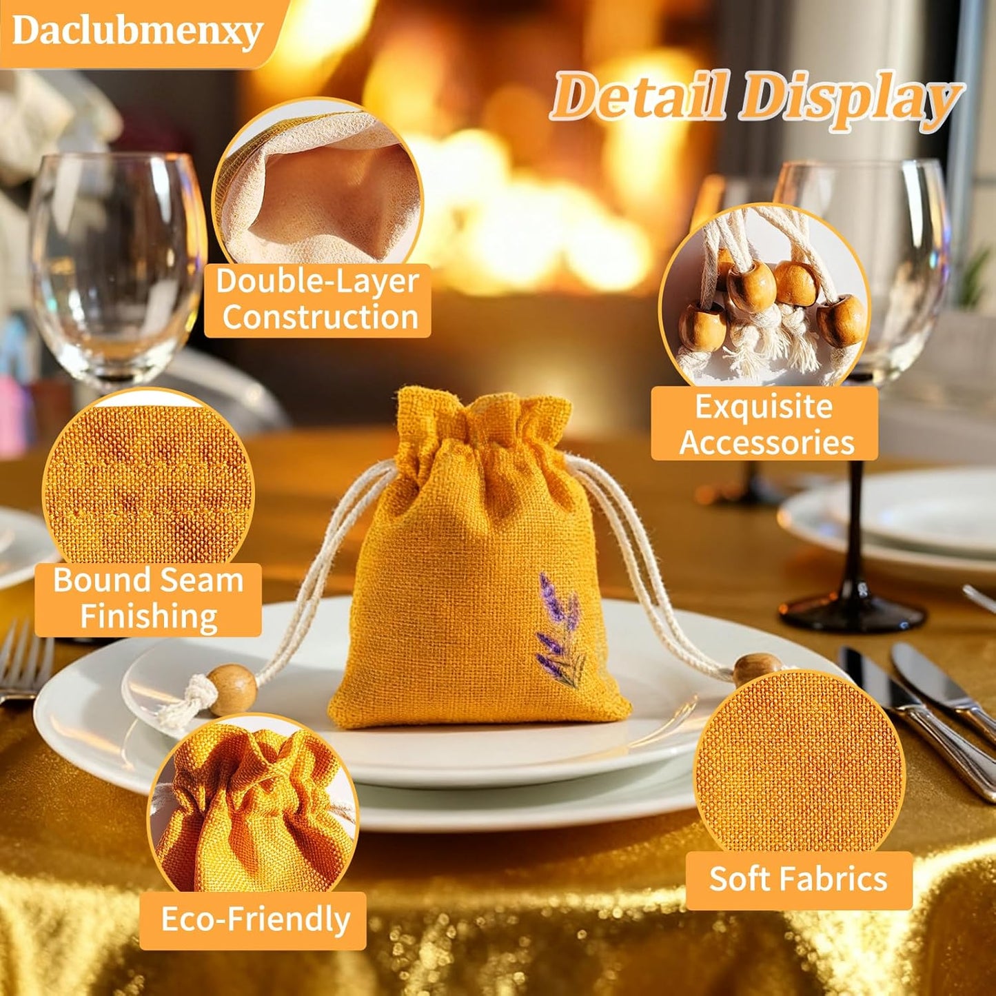 Daclubmenxy 20 PCS Sachet Bags, Small Burlap Pouch Empty Mini Drawstring Bags, Reusable Gift Linen for Wedding Favors Party Jewelry Coffee DIY (Mustard Yellow, 3x4 in)