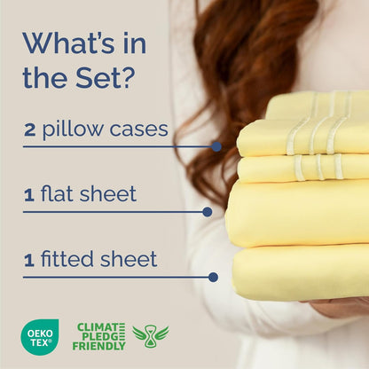 Cal King Size 4 Piece Sheet Set - Comfy Breathable & Cooling Sheets - Hotel Luxury Bed Sheets for Women and Men - Deep Pockets, Easy-Fit, Soft and Wrinkle Free Sheets - Yellow Oeko-Tex Bed Sheet Set