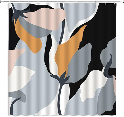 Mid Century Shower Curtain Gray Yellow Abstract Modern Contemporary Aesthetic Minimalist Geometric Art Abstract Flower Fabric Bathroom Decor Set with Hooks(70" Wx74.8 H)