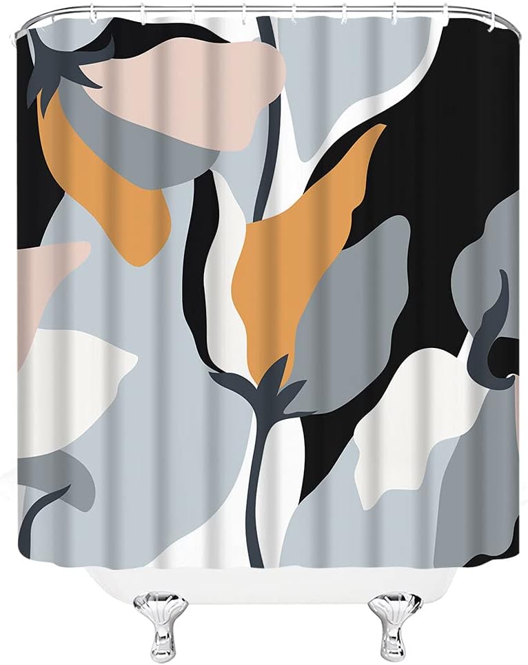 Mid Century Shower Curtain Gray Yellow Abstract Modern Contemporary Aesthetic Minimalist Geometric Art Abstract Flower Fabric Bathroom Decor Set with Hooks(70" Wx74.8 H)