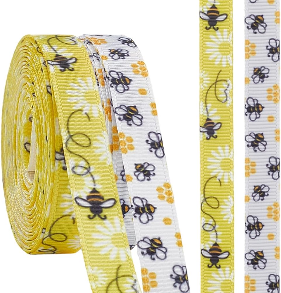 2 Rolls 10 Yards Yellow White Bumble Bee Ribbon Floral Pattern Printed Grosgrain Trim Decorative Spring Summer Fabric Ribbons for Sewing Making Party Decor Bow Gift Wrapping Diy Craft Supply