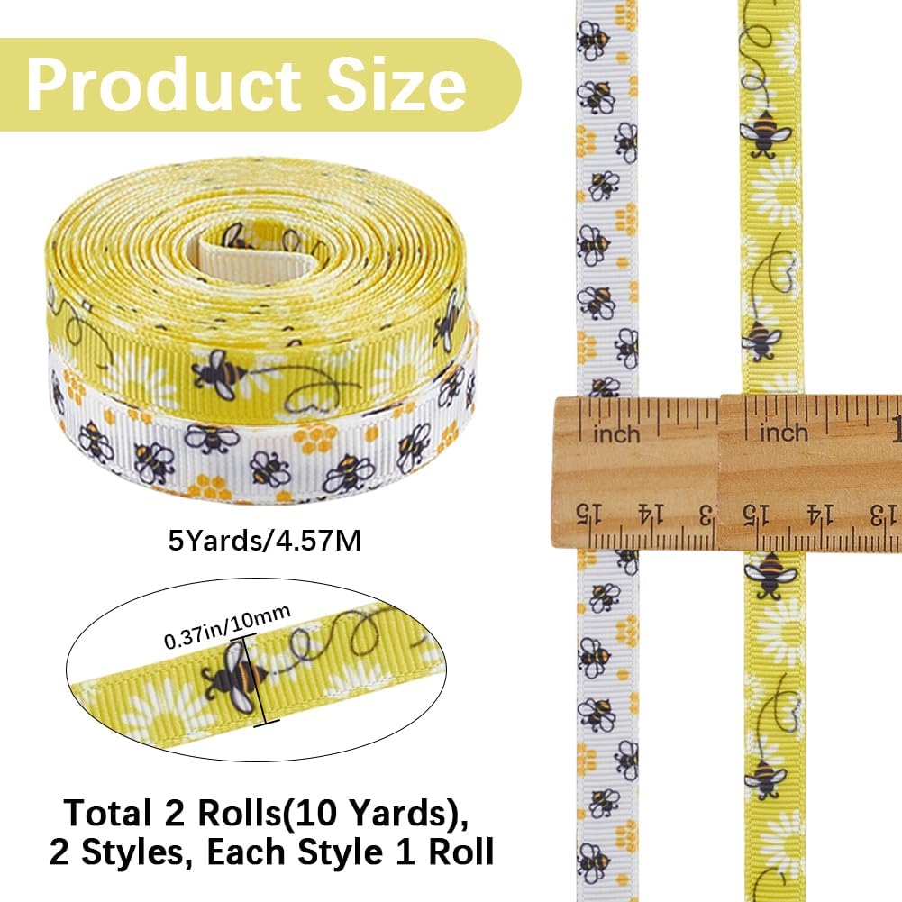 2 Rolls 10 Yards Yellow White Bumble Bee Ribbon Floral Pattern Printed Grosgrain Trim Decorative Spring Summer Fabric Ribbons for Sewing Making Party Decor Bow Gift Wrapping Diy Craft Supply