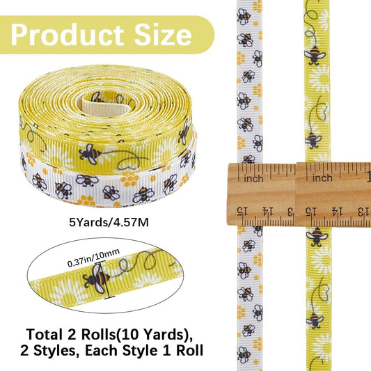 2 Rolls 10 Yards Yellow White Bumble Bee Ribbon Floral Pattern Printed Grosgrain Trim Decorative Spring Summer Fabric Ribbons for Sewing Making Party Decor Bow Gift Wrapping Diy Craft Supply