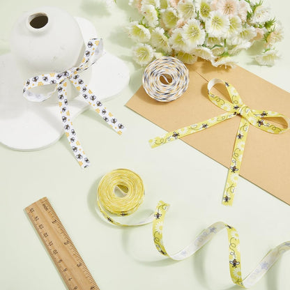 2 Rolls 10 Yards Yellow White Bumble Bee Ribbon Floral Pattern Printed Grosgrain Trim Decorative Spring Summer Fabric Ribbons for Sewing Making Party Decor Bow Gift Wrapping Diy Craft Supply
