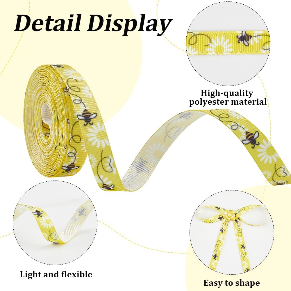 2 Rolls 10 Yards Yellow White Bumble Bee Ribbon Floral Pattern Printed Grosgrain Trim Decorative Spring Summer Fabric Ribbons for Sewing Making Party Decor Bow Gift Wrapping Diy Craft Supply