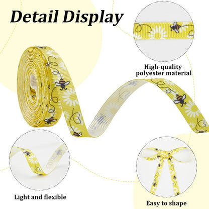 2 Rolls 10 Yards Yellow White Bumble Bee Ribbon Floral Pattern Printed Grosgrain Trim Decorative Spring Summer Fabric Ribbons for Sewing Making Party Decor Bow Gift Wrapping Diy Craft Supply
