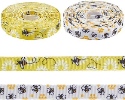 2 Rolls 10 Yards Yellow White Bumble Bee Ribbon Floral Pattern Printed Grosgrain Trim Decorative Spring Summer Fabric Ribbons for Sewing Making Party Decor Bow Gift Wrapping Diy Craft Supply