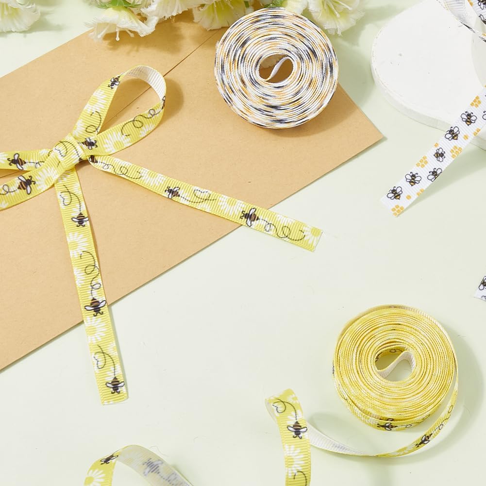 2 Rolls 10 Yards Yellow White Bumble Bee Ribbon Floral Pattern Printed Grosgrain Trim Decorative Spring Summer Fabric Ribbons for Sewing Making Party Decor Bow Gift Wrapping Diy Craft Supply